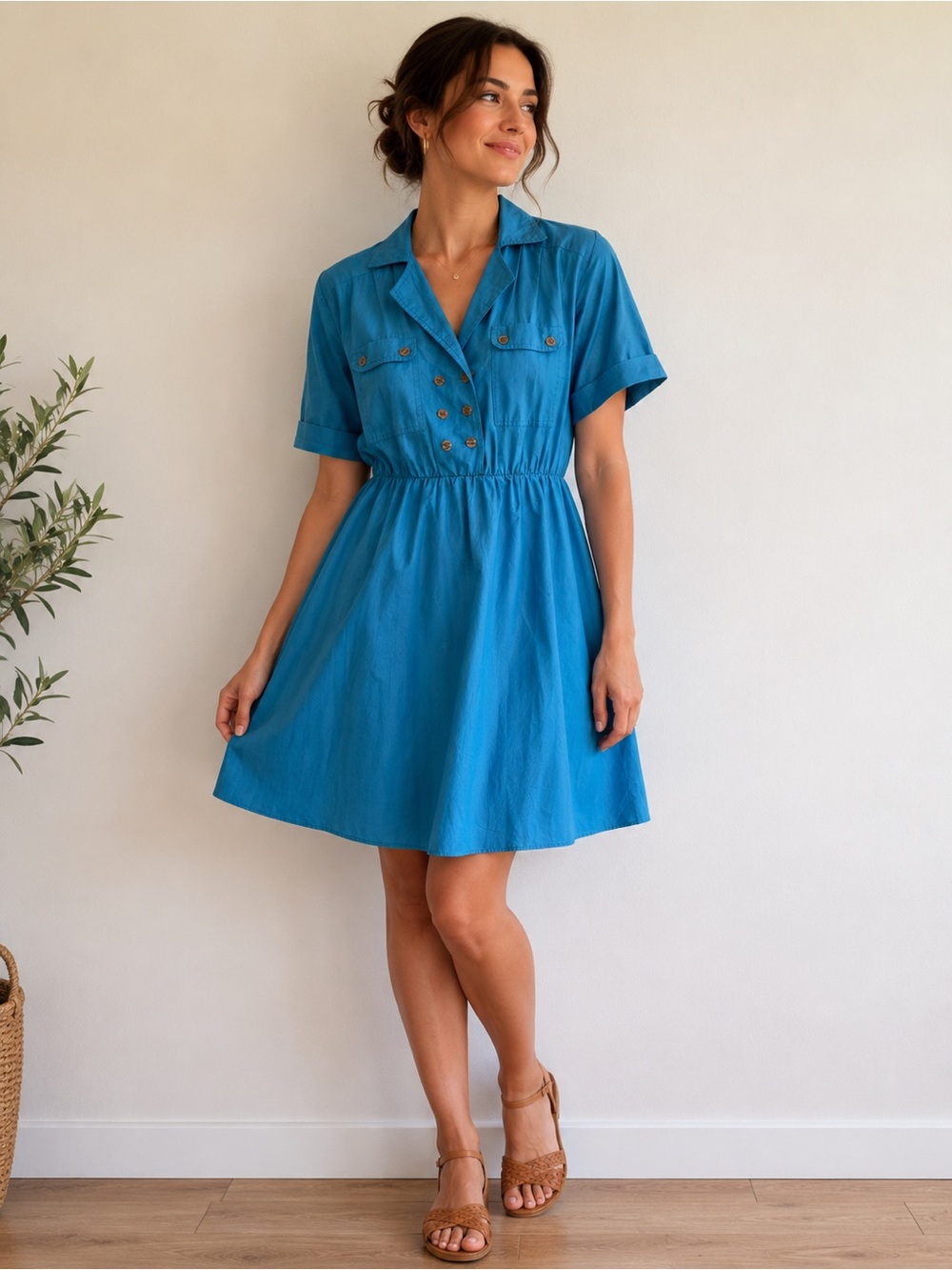 Vintage 80s Sears Tradition Turquoise Shirt Dress | Double Breasted Flare 9/10